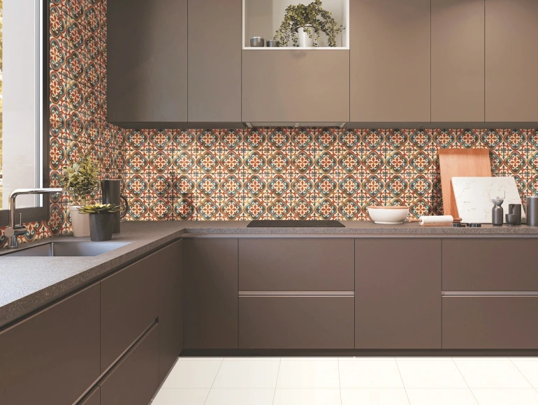 Vibrant kitchen backsplash design featuring patterned tiles with intricate motifs.